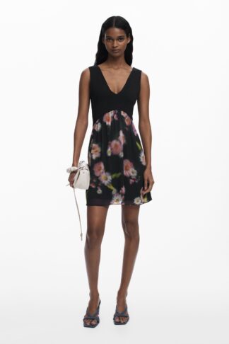Korte jurk met bloemen in twee materialen - BLACK - XL