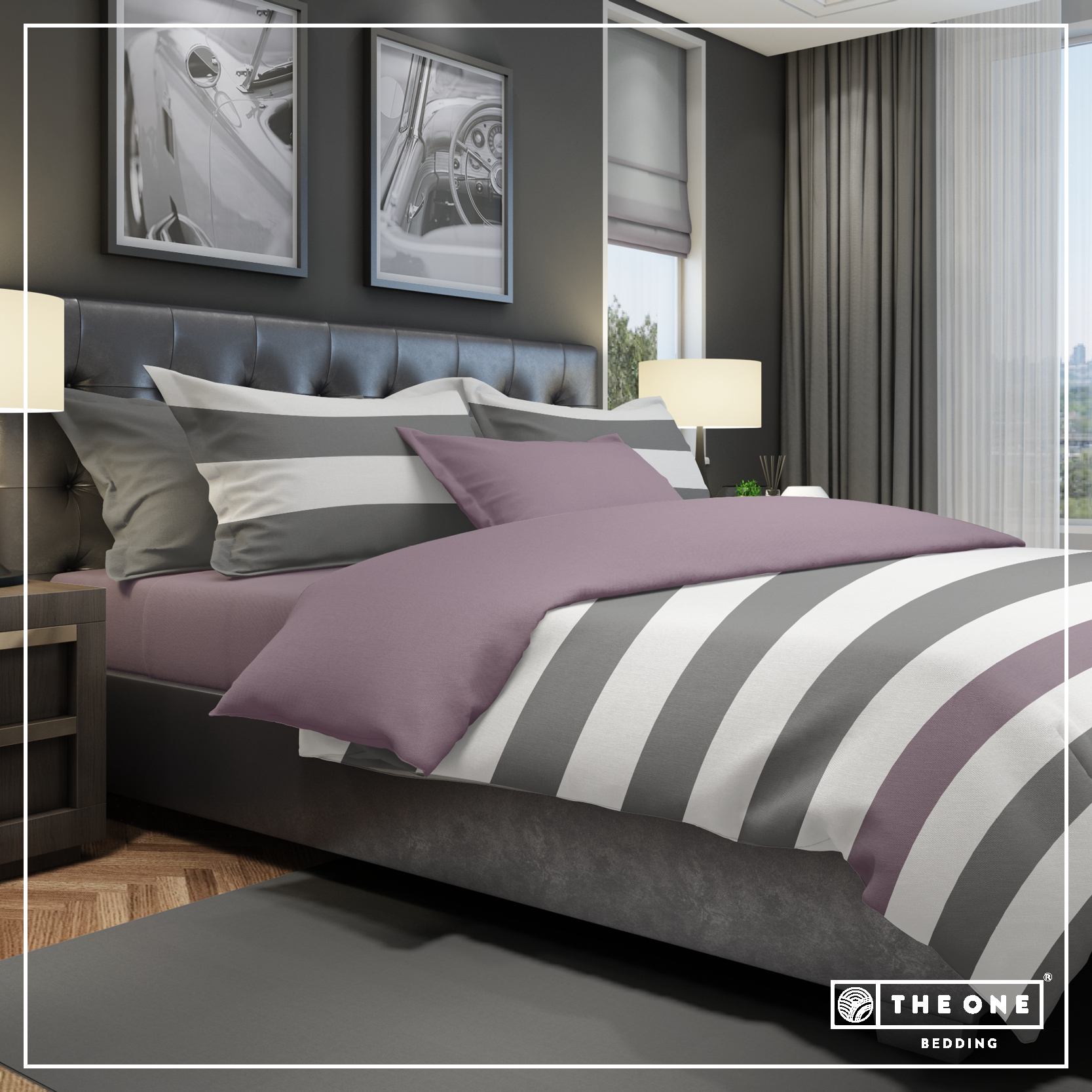 The One Dekbedovertrek Stripe Dark Grey / Plum-200x220cm