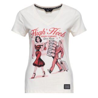 Queen Kerosin High Heels V-neck T-shirt Off White-L