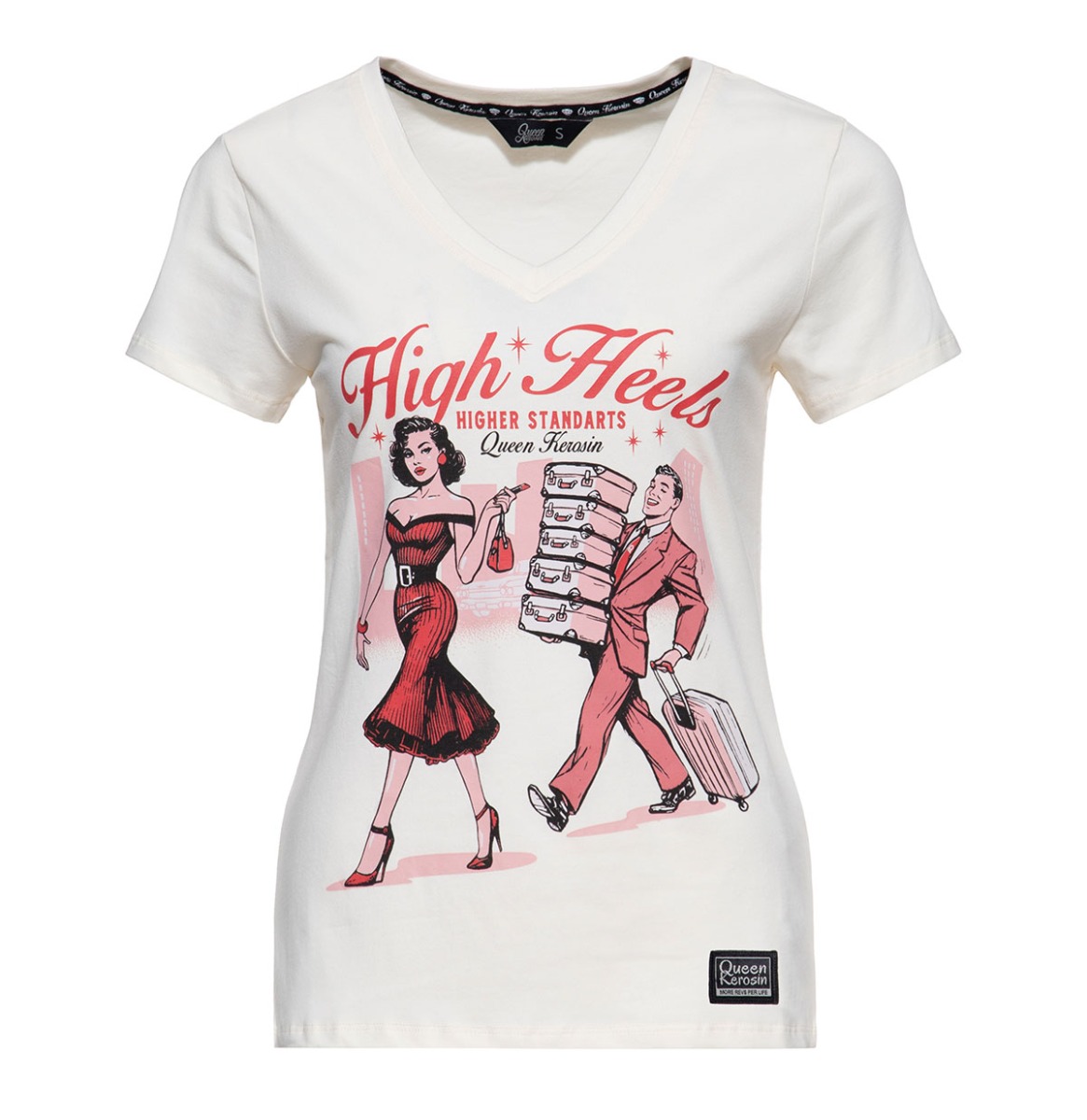 Queen Kerosin High Heels V-neck T-shirt Off White-S