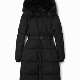 Lange gewatteerde jas met ceintuur - BLACK - S
