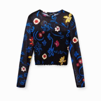 Kort slim fit T-shirt met bloemen - BLACK - L