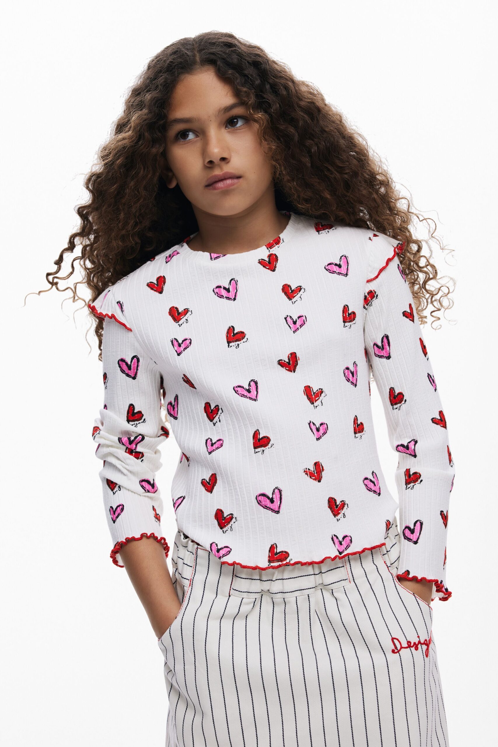 Lange mouw t-shirt met hartjes - WHITE - 3/4