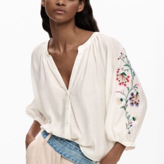 Blouse met geborduurde mouwen - WHITE - XS