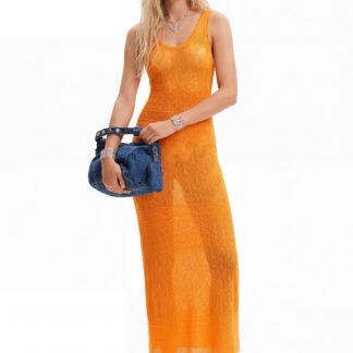 Opengewerkte midi-jurk schouderbandjes - ORANGE - L