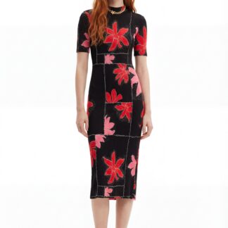 Geribde midi-jurk bloemen - RED - XL