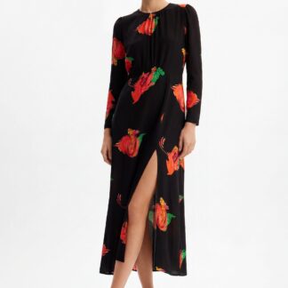 Lange jurk met split en bloemen - BLACK - S
