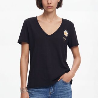 V-hals T-shirt met bloemendessin - BLACK - XS