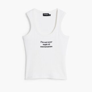 Mouwloos T-shirt met tekst - WHITE - XS