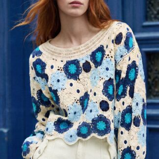 gehaakte trui met bloemen - BLUE - M