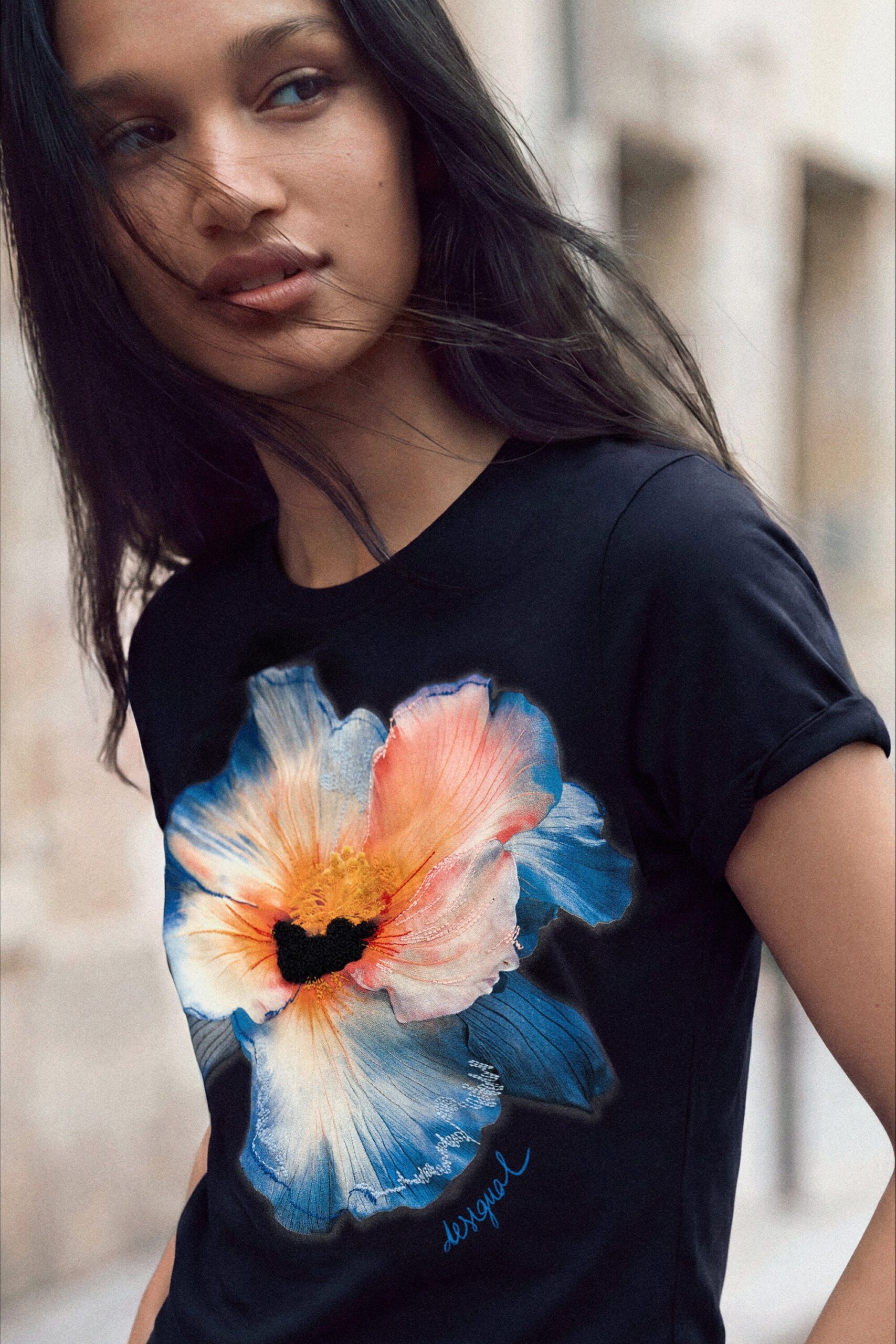 T-shirt met grote bloem - BLUE - M