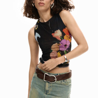T-shirt van tule met bloemen - BLACK - M
