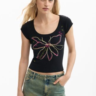 Nauwsluitend T-shirt bloem - BLACK - XL