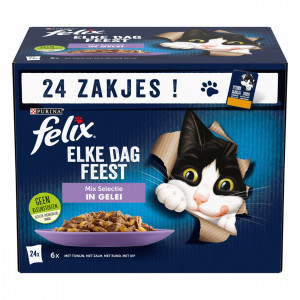 Felix Elke Dag Feest Mix Selectie met tonijn, zalm, rund, kip in gelei natvoer kat 1 x (24 x 85 g)
