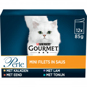 Gourmet Perle Mini Filets in saus met kalkoen, eend, tonijn, lam natvoer kat 4 x (12 x 85 g)