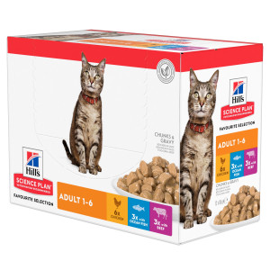 Hill's Adult Favourite Selection nat kattenvoer met kip, rund & zeevis maaltijdzakje combipack 2 dozen (24 x 85 g)