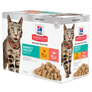 Hill's Adult Perfect Weight nat kattenvoer met kip en zalm maaltijdzakje combipack 1 doos (12 x 85 g)