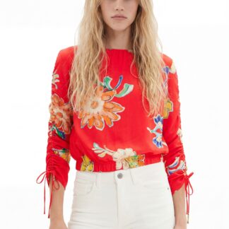 Korte aangerimpelde blouse met bloemen - RED - M