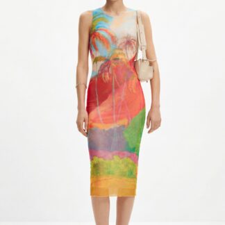 Veelkleurige tropische midi-jurk - MATERIAL FINISHES - M