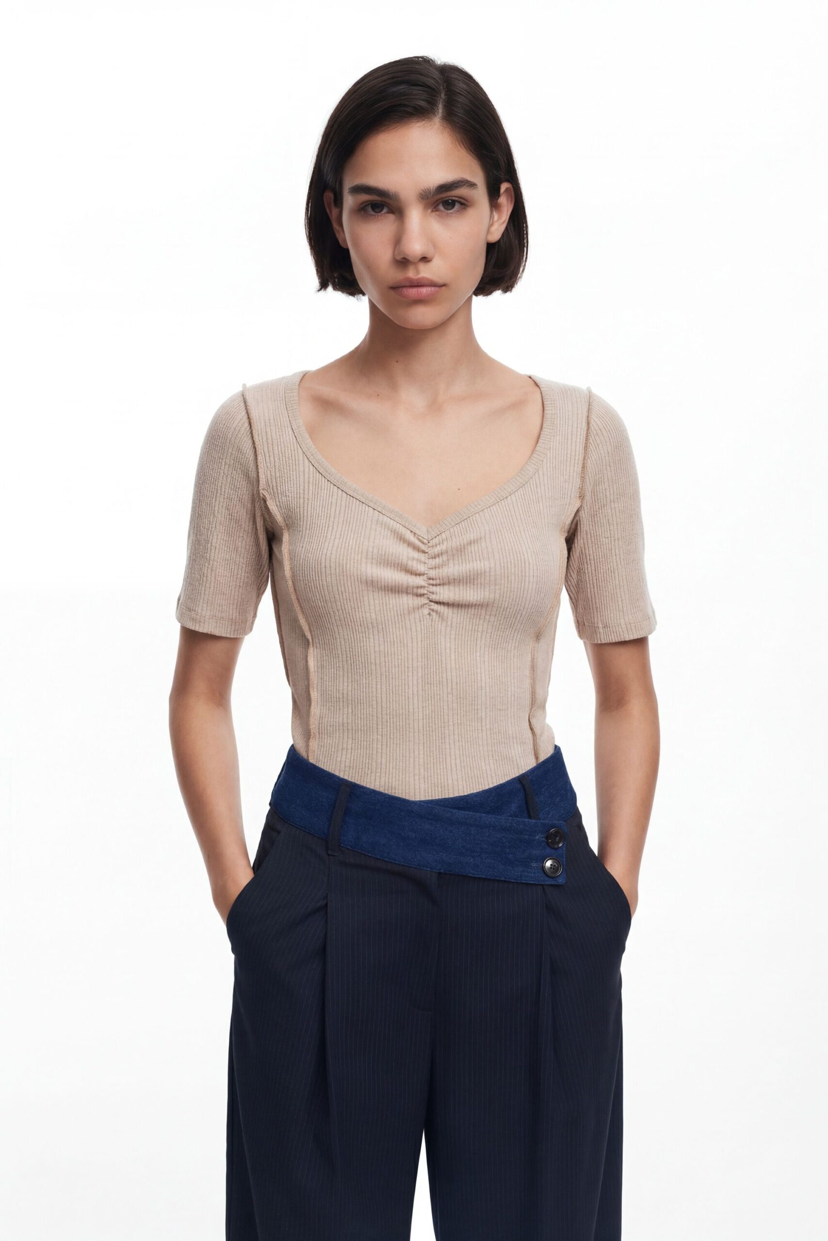 Shirt met geplooide halslijn - WHITE - S