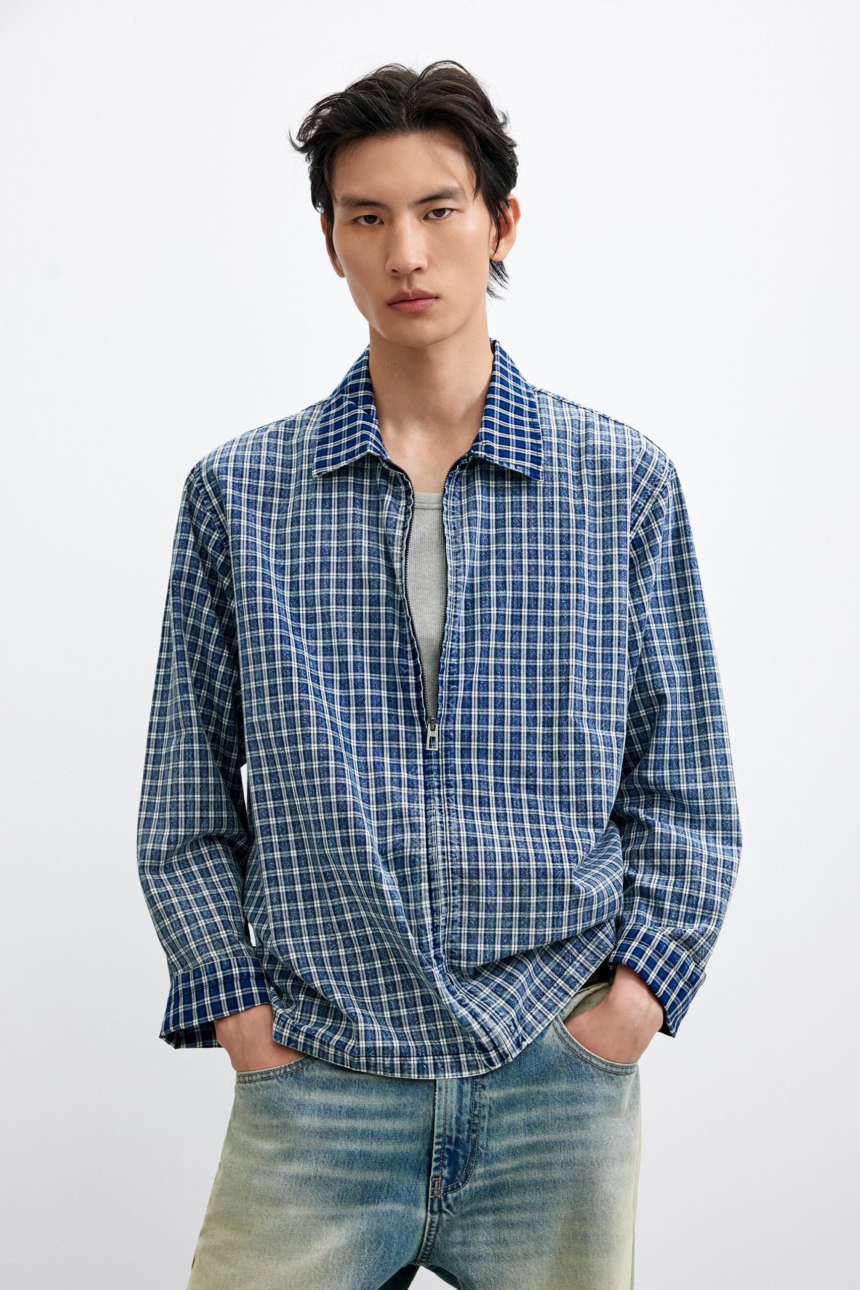 Geruit overhemd met lange mouwen - BLUE - XL