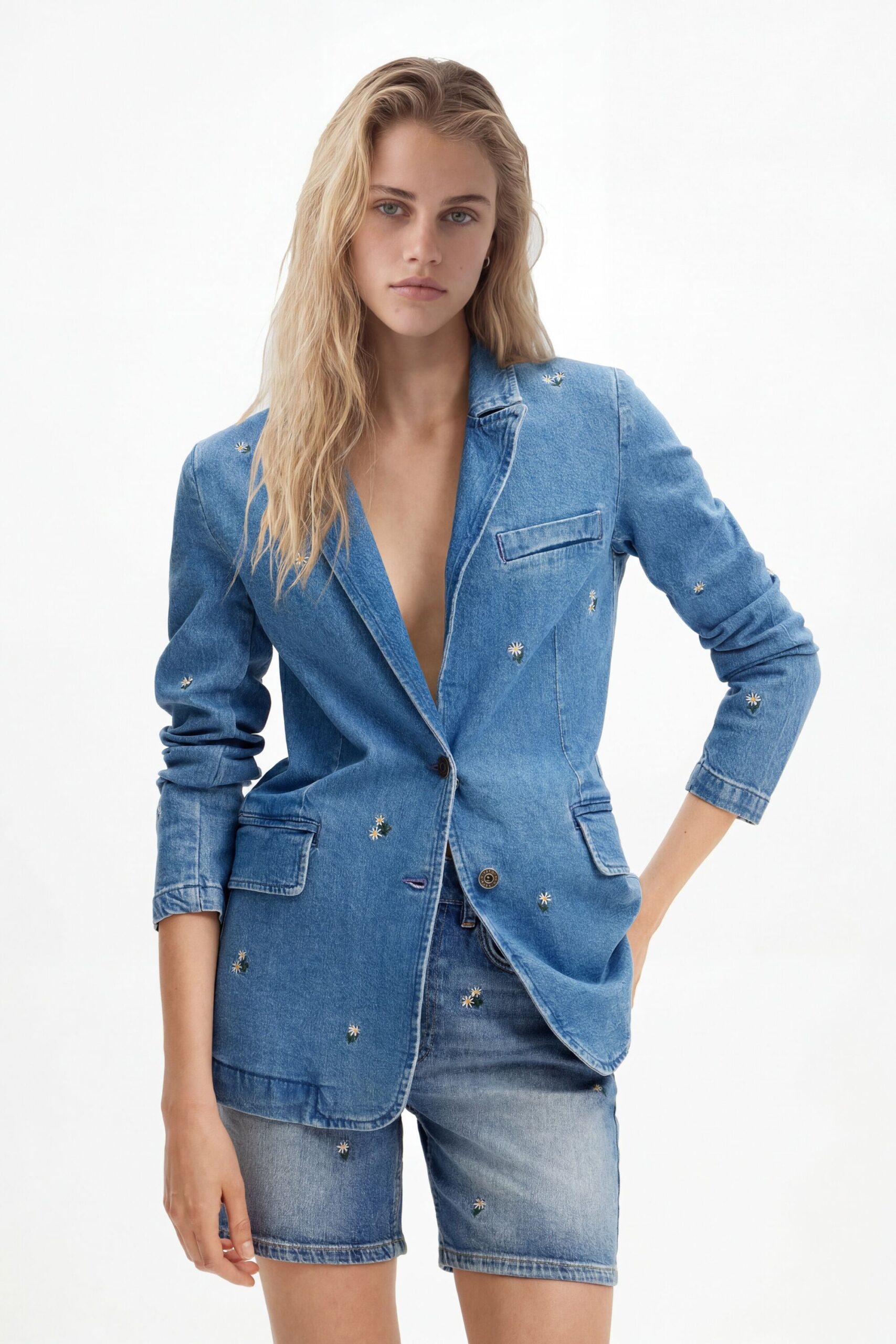 Denim blazer met kleine bloemen - BLUE - S